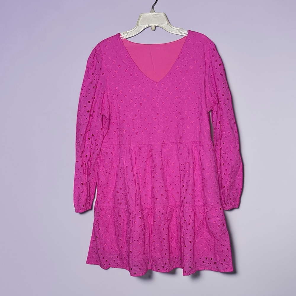 Pink Eyelet Long Sleeve V-Neck Dress
